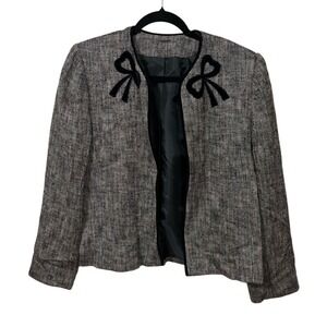 Doncaster Black Gray Tweed Open Front Velvet Bow Blazer‎ Jacket VINTAGE